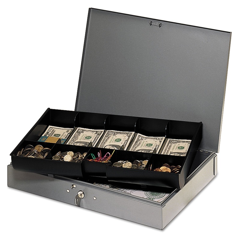Extra-Wide Steel Cash Box W/10 Compartments, Key Lock, Gray