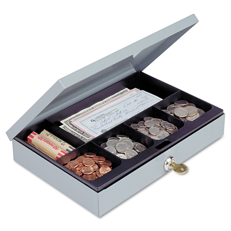 Heavy-Duty Steel Low-Profile Cash Box W/6 Compartments, Key Lock, Gray