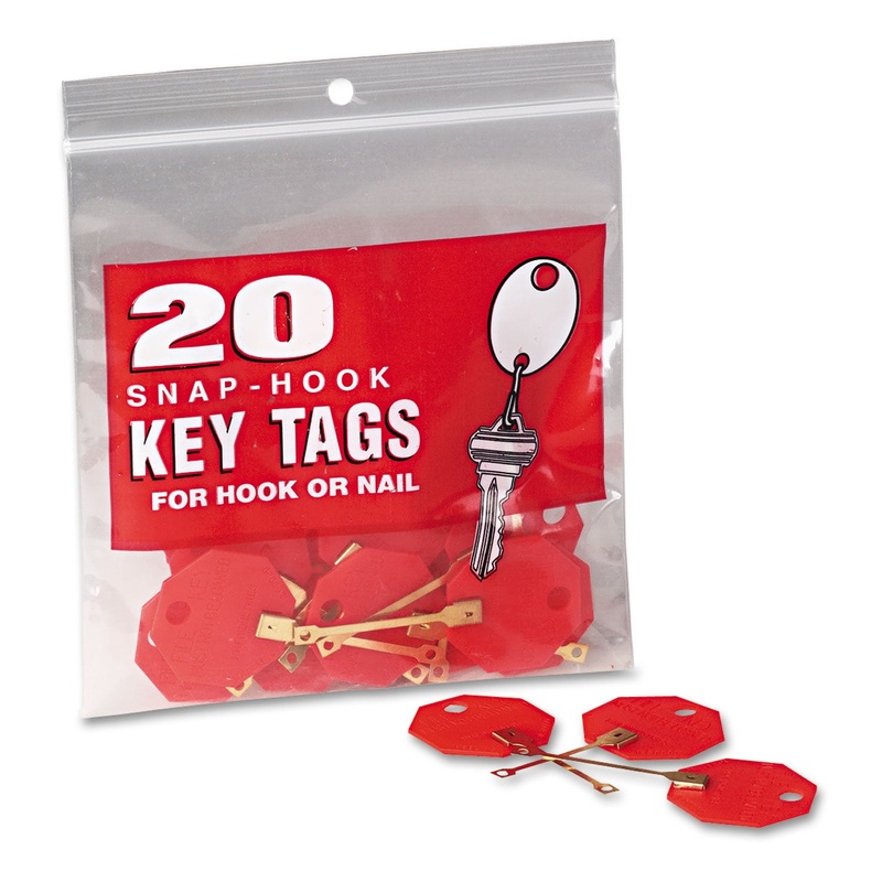 Snap-Hook Self-Locking Octagonal Plastid Key Tags, 1 1/4" Diameter, Red, 20/pack