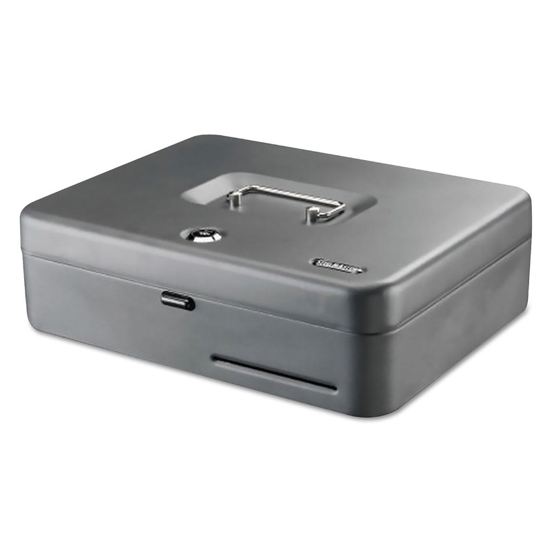 TIERED CASH BOX WITH BILL WEIGHTS, 2 KEYS, 9.84" X 9.84" X 11.81", STEEL, GRAY