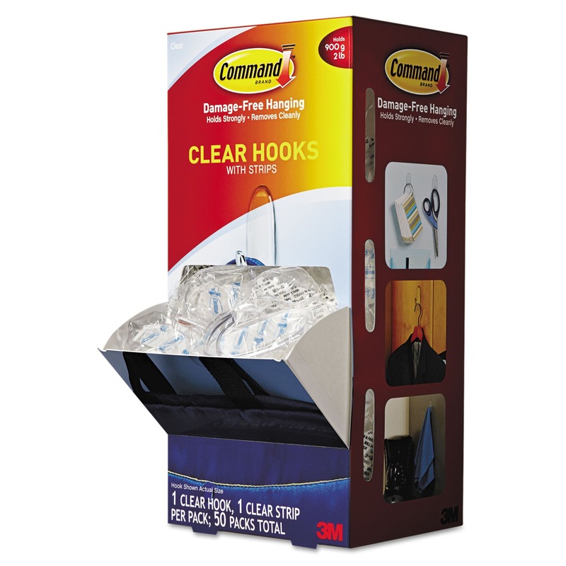 Clear Hooks & Strips, Plastic, Medium, 50 Hooks W/50 Adhesive Strips Per Carton