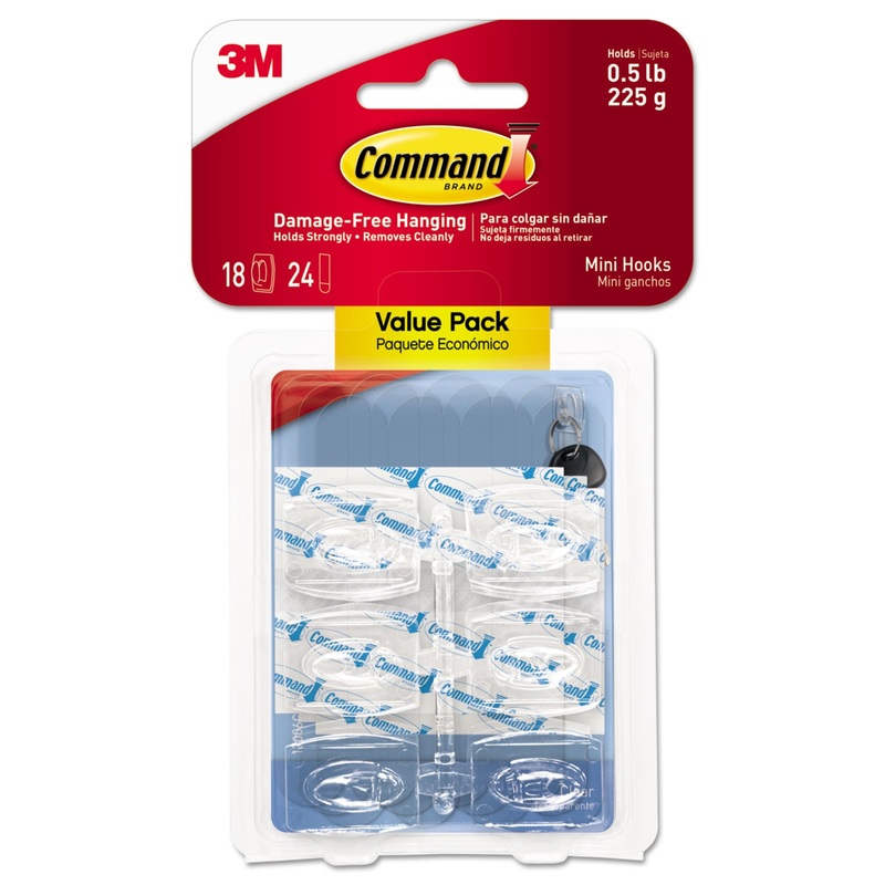 Clear Hooks & Strips, Plastic, Mini, 18 Hooks & 24 Strips/pack