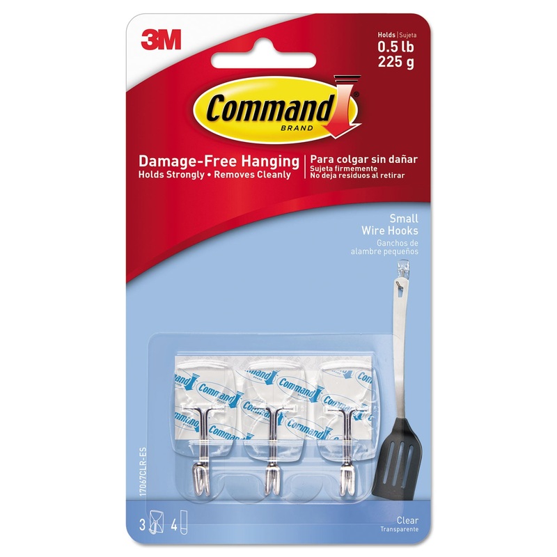Clear Hooks & Strips, Plastic/wire, Small, 3 Hooks & 4 Strips/pack