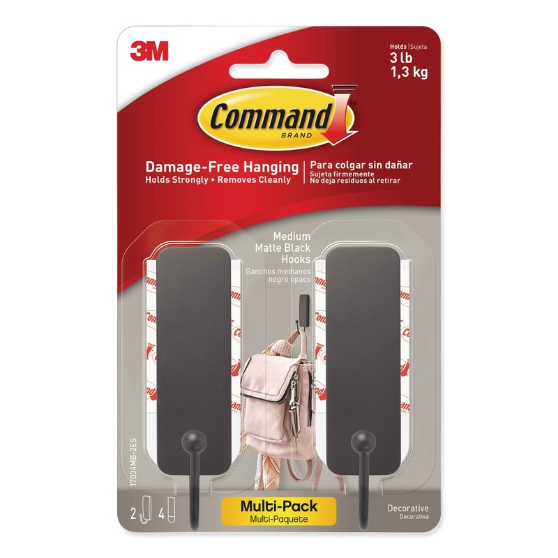 DECORATIVE HOOKS, MEDIUM, MATTE BLACK, 2 HOOK AND 4 STRIPS/PACK