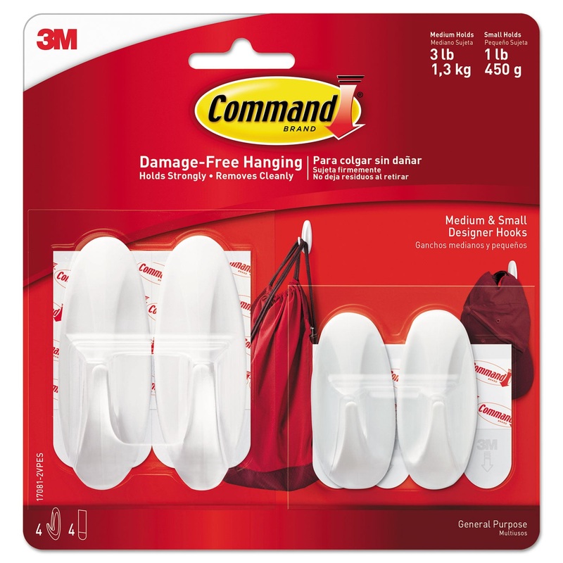 GENERAL PURPOSE DESIGNER HOOKS, SMALL/MEDIUM, 3 LB CAP, WHITE, 4 HOOKS AND 4 STRIPS/PACK