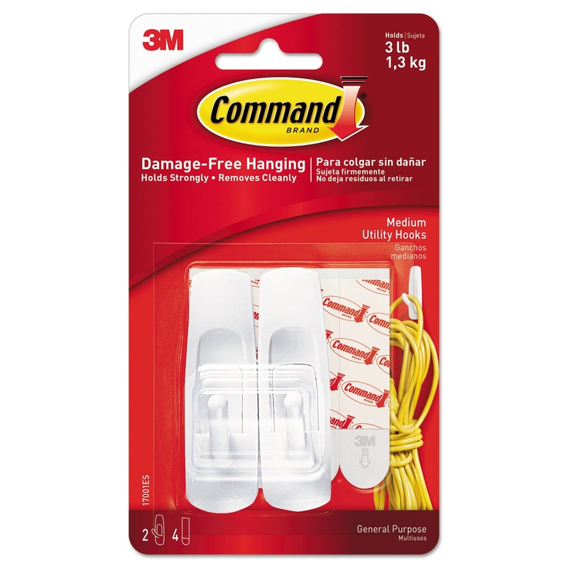 GENERAL PURPOSE HOOKS, MEDIUM, 3 LB CAP, WHITE, 2 HOOKS AND 4 STRIPS/PACK