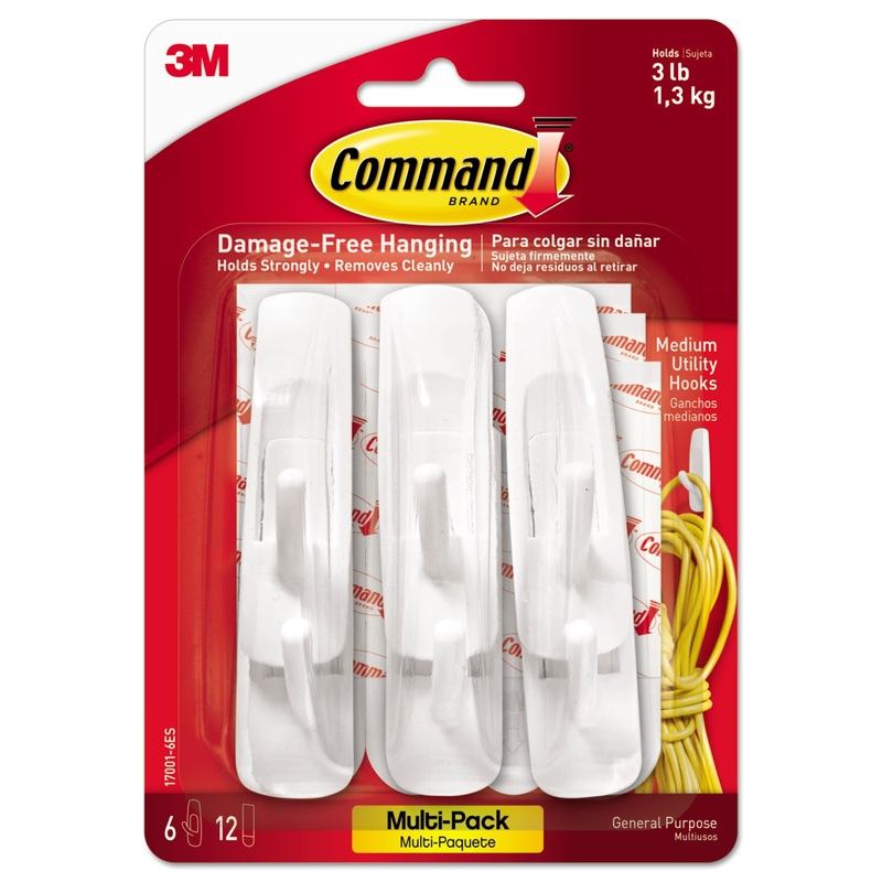 GENERAL PURPOSE HOOKS MULTI-PACK, MEDIUM, 3 LB CAP, WHITE, 6 HOOKS AND 12 STRIPS/PACK