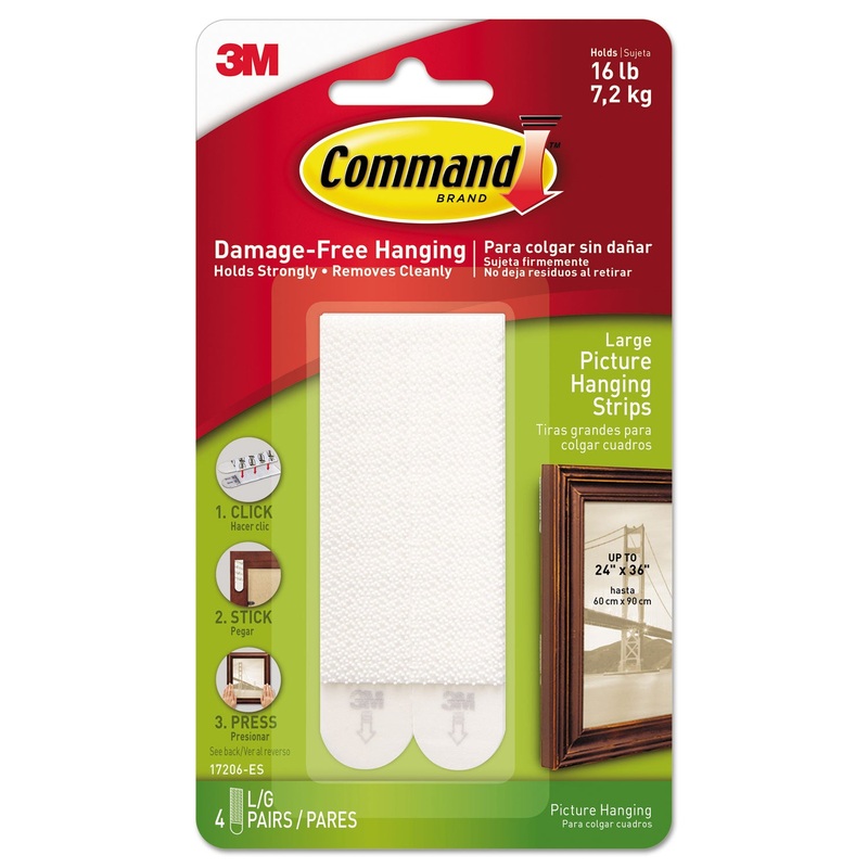 PICTURE HANGING STRIPS, REMOVABLE, 0.5" X 3.63", WHITE, 4 PAIRS/PACK