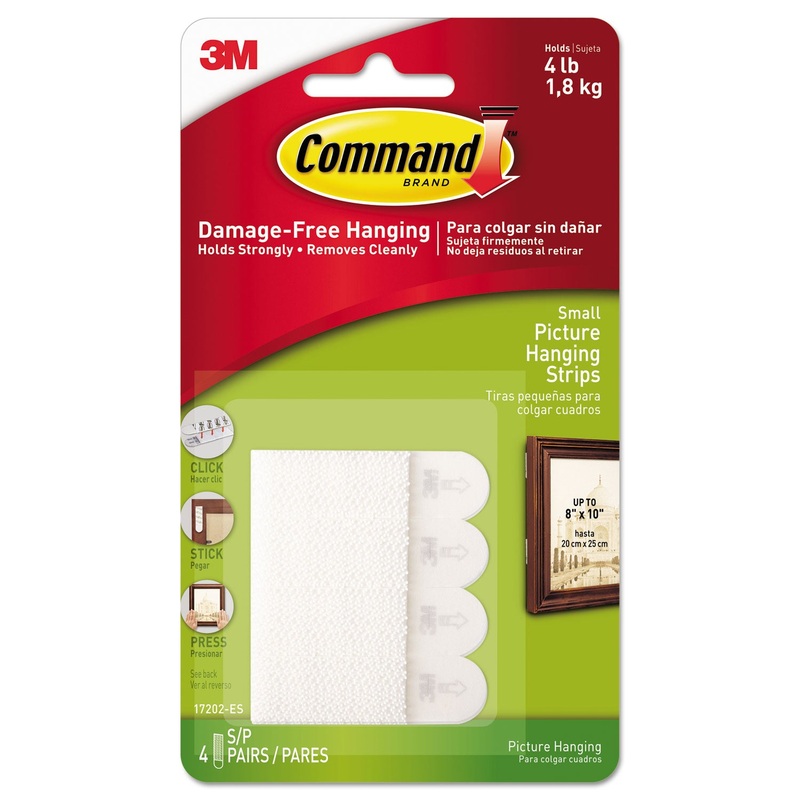 PICTURE HANGING STRIPS, REMOVABLE, 0.63" X 2.13", WHITE, 4 PAIRS/PACK