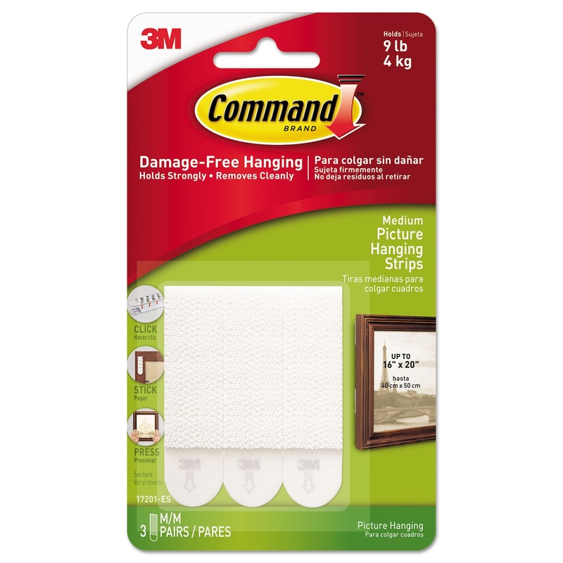 PICTURE HANGING STRIPS, REMOVABLE, 0.75" X 2.75", WHITE, 3 PAIRS/PACK