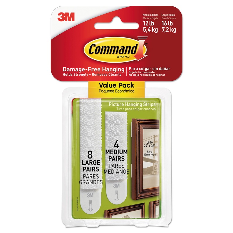 PICTURE HANGING STRIPS, VALUE PACK, REMOVABLE, WHITE, (8) LARGE 0.63" X 3.63" PAIRS, (4) MEDIUM 0.5" X 2.75" PAIRS