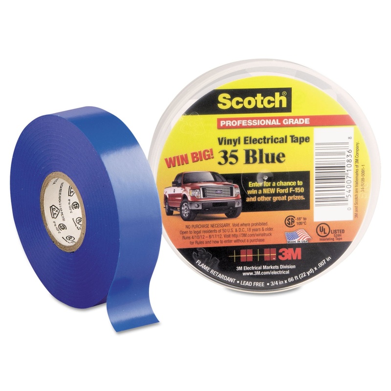 SCOTCH 35 VINYL ELECTRICAL COLOR CODING TAPE, 3" CORE, 0.75" X 66 FT, BLUE