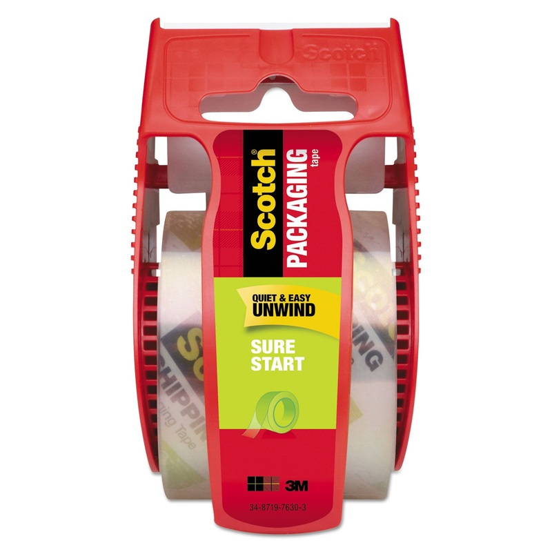 SURE START PACKAGING TAPE WITH DISPENSER, 1.5" CORE, 1.88" X 22.2 YDS, CLEAR