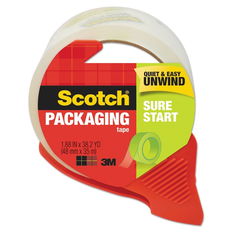 SURE START PACKAGING TAPE WITH DISPENSER, 3" CORE, 1.88" X 38.2 YDS, CLEAR