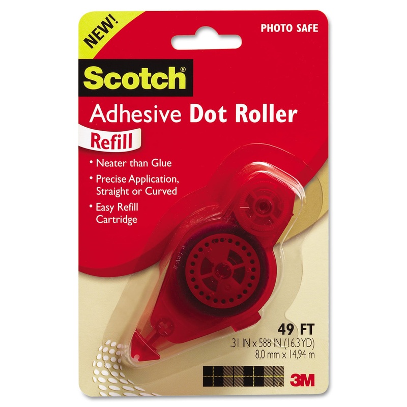 ADHESIVE DOT ROLLER REFILL, 0.3" X 49 FT, DRIES CLEAR