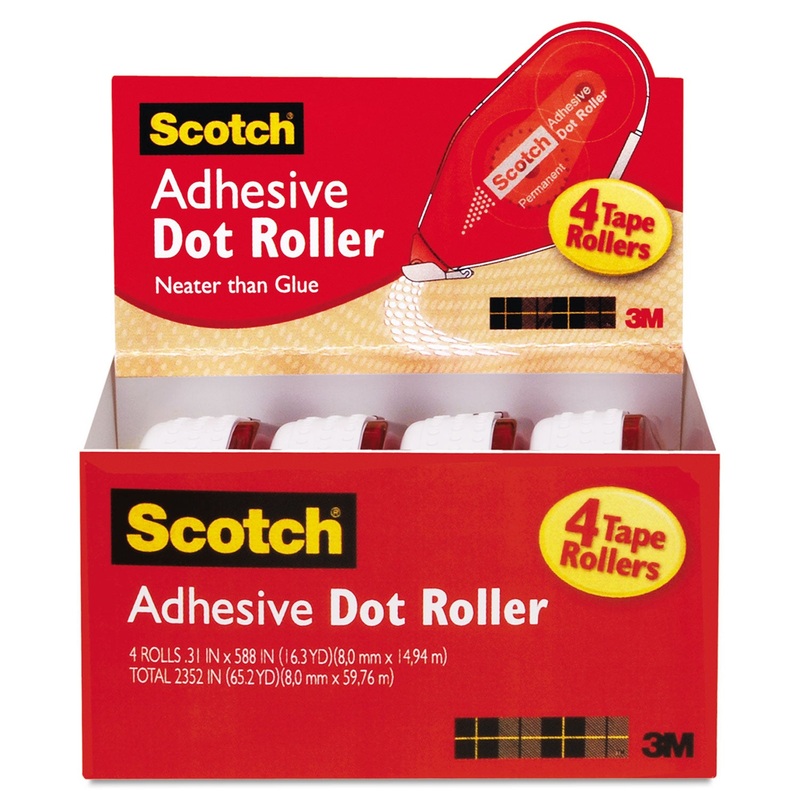 DOUBLE-SIDED ADHESIVE ROLLER, 0.3" X 49 FT, DRIES CLEAR, 4/PACK