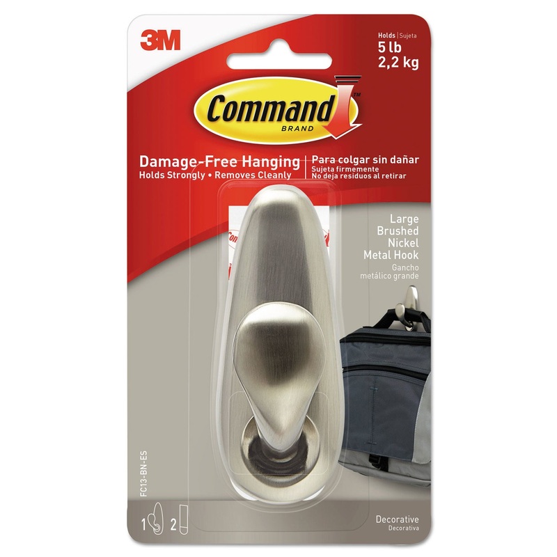 ADHESIVE MOUNT METAL HOOK, LARGE, BRUSHED NICKEL FINISH, 1 HOOK AND 2 STRIPS/PACK