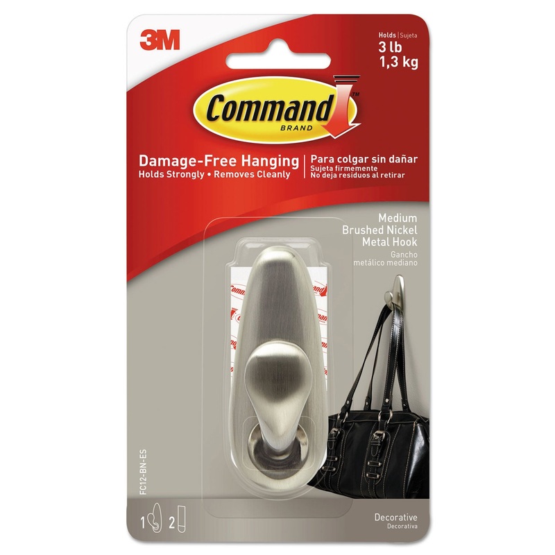 ADHESIVE MOUNT METAL HOOK, MEDIUM, BRUSHED NICKEL FINISH, 1 HOOK AND 2 STRIPS/PACK