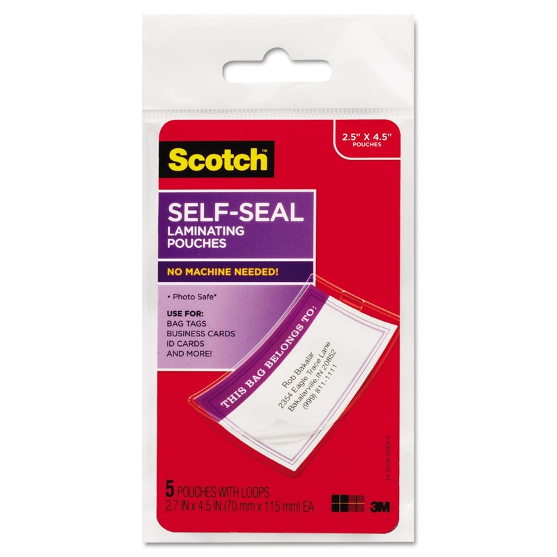 SELF-SEALING LAMINATING POUCHES, 12.5 MIL, 2.81" X 4.5", GLOSS CLEAR, 5/PACK