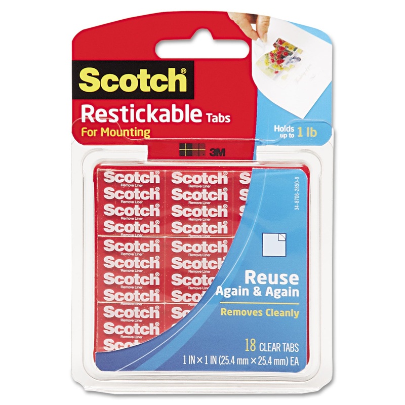 Restickable Mounting Tabs, 1" X 1", 18/pack