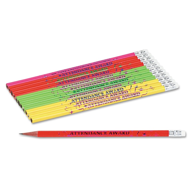 ATTENDANCE AWARD RECOGNITION PENCIL, HB (#2), BLACK LEAD, ASSORTED BARREL COLORS, DOZEN