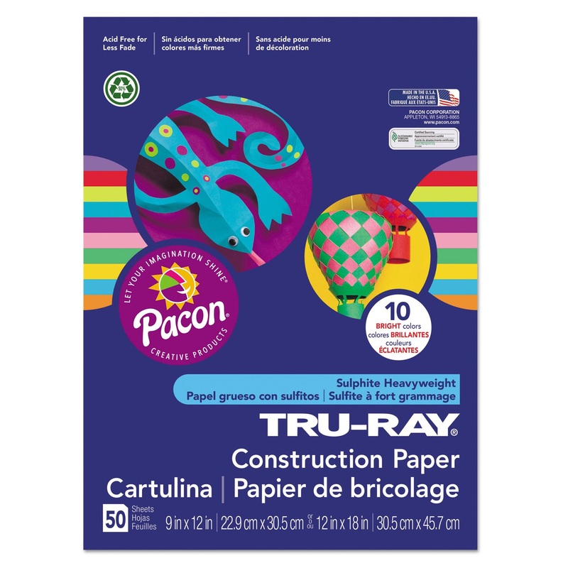TRU-RAY CONSTRUCTION PAPER, 76LB, 12 X 18, ASSORTED BRIGHT COLORS, 50/PACK