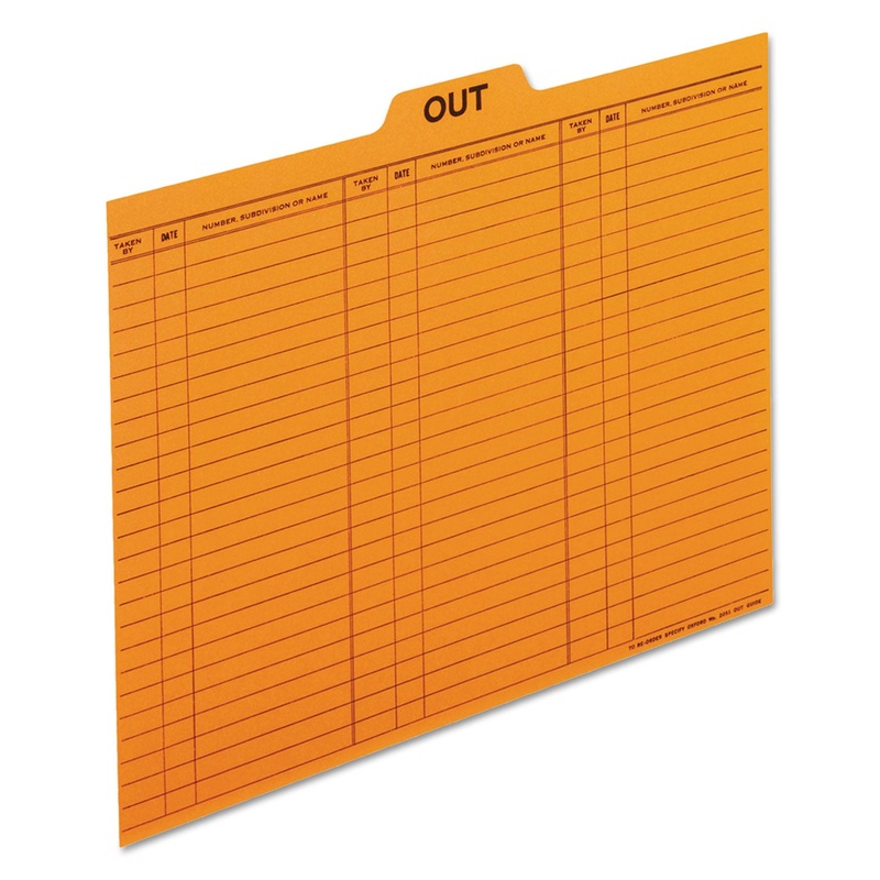 SALMON COLORED CHARGE-OUT GUIDES, 1/5-CUT TOP TAB, OUT, 8.5 X 11, SALMON, 100/BOX