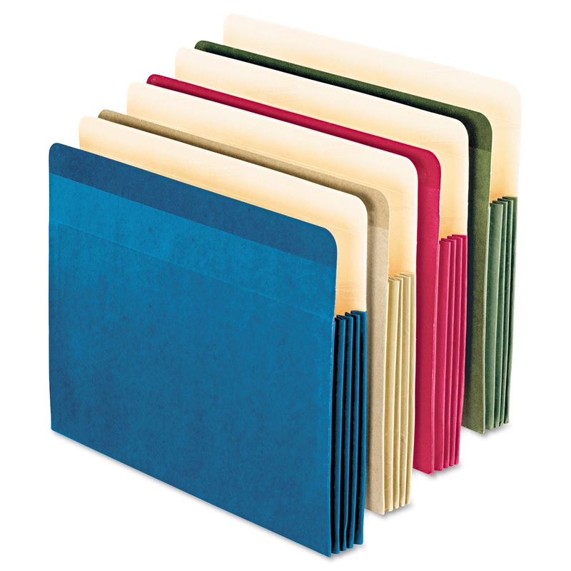 100% RECYCLED COLORED FILE POCKET, 3.5" EXPANSION, LETTER SIZE, ASSORTED, 4/PACK