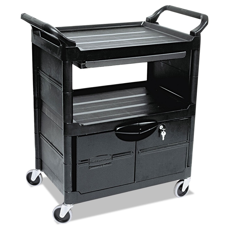 UTILITY CART WITH LOCKING DOORS, TWO-SHELF, 33.63W X 18.63D X 37.75H, BLACK