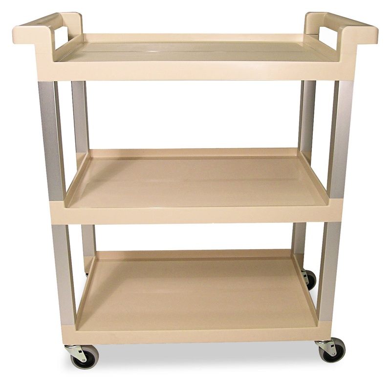 THREE-SHELF SERVICE CART W/BRUSHED ALUMINUM UPRIGHT, 16.25W X 31.5D X 36H, BEIGE