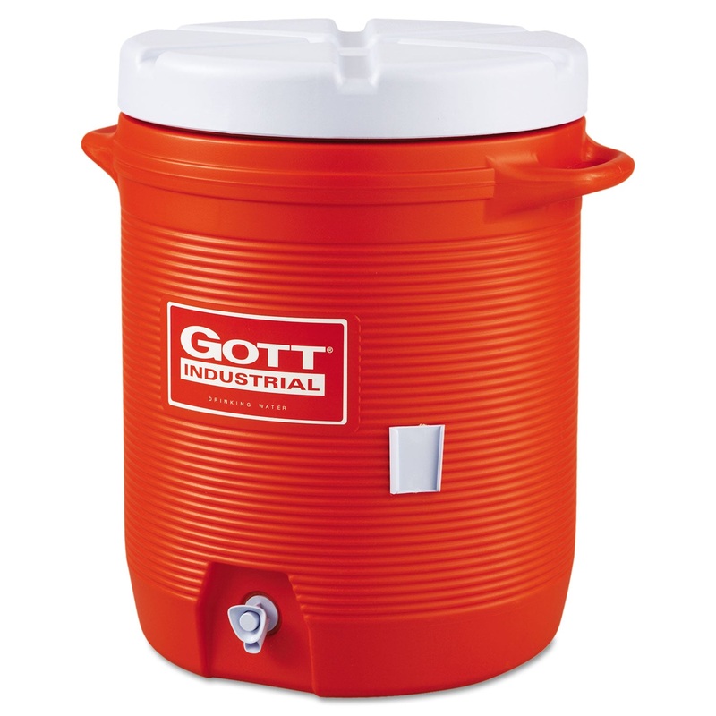 INSULATED BEVERAGE CONTAINER, 10 GAL, 15.85 DIA. X 20.5 H, ORANGE/WHITE