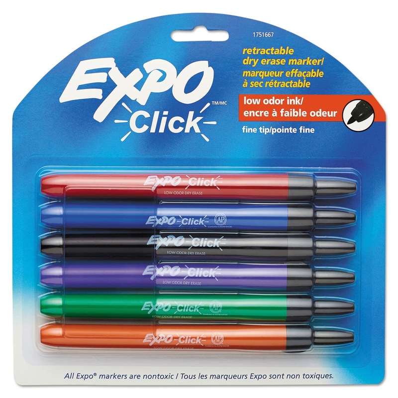 CLICK DRY ERASE MARKER, FINE BULLET TIP, ASSORTED COLORS, 6/PACK