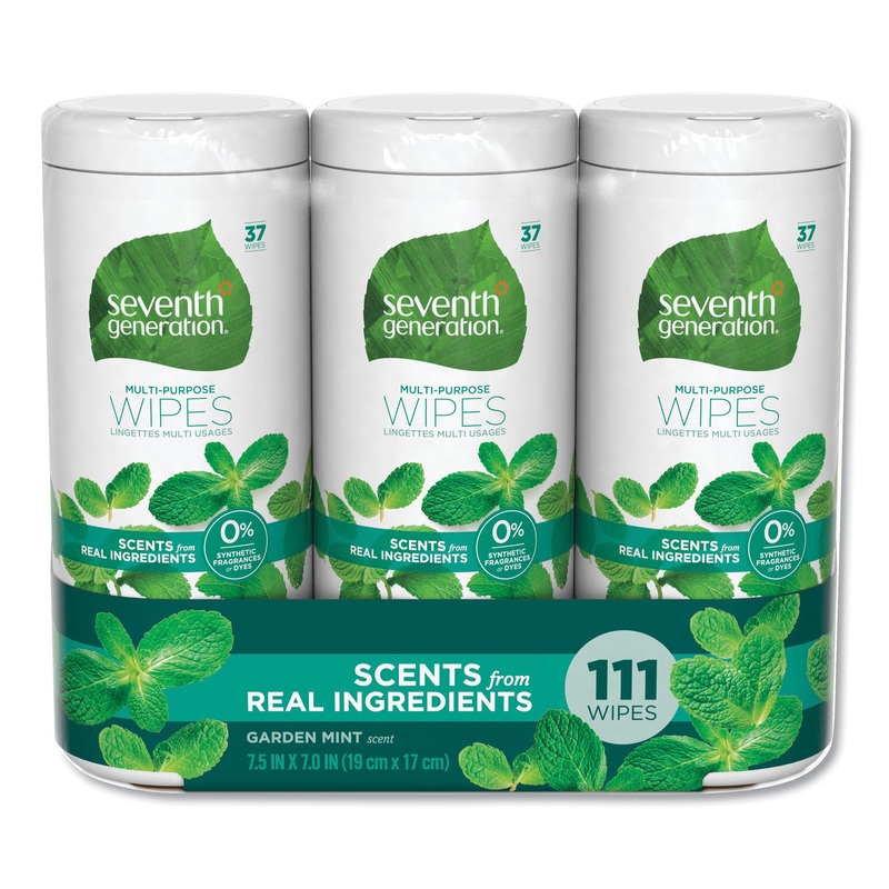 MULTI PURPOSE WIPES, 7" X 7.5", GARDEN MINT, WHITE, 37 WIPES/CANISTER, 3 CANISTERS/PACK, 4 PACKS/CARTON