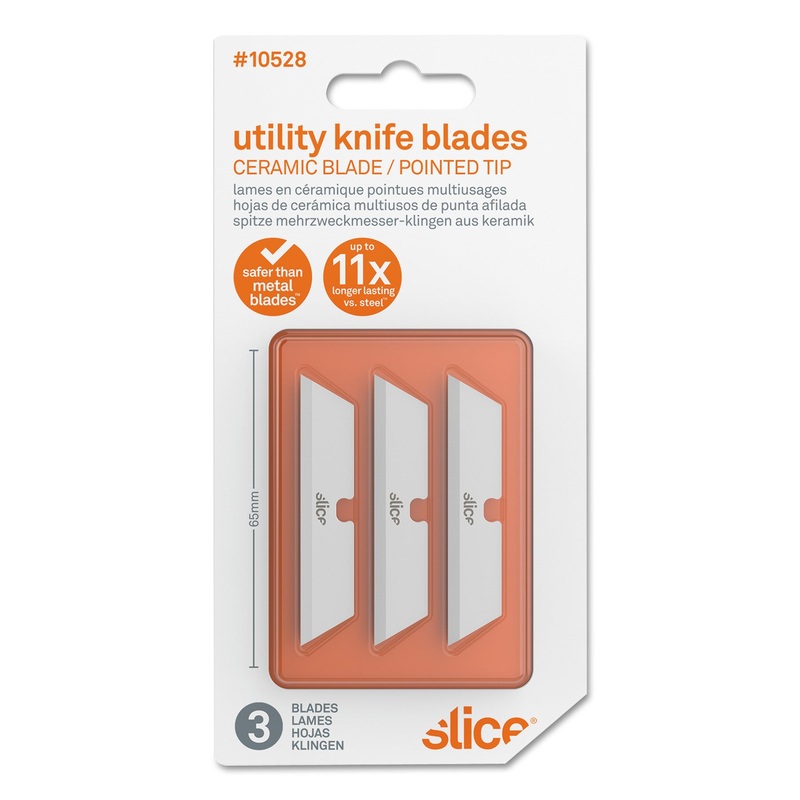 Safety Utility Knife Blades, Pointed Tip, Ceramic Zirconium Oxide, 3/pack