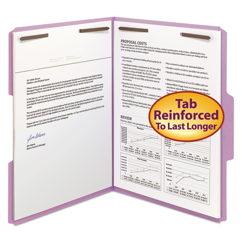 TOP TAB COLORED 2-FASTENER FOLDERS, 1/3-CUT TABS, LETTER SIZE, LAVENDER, 50/BOX