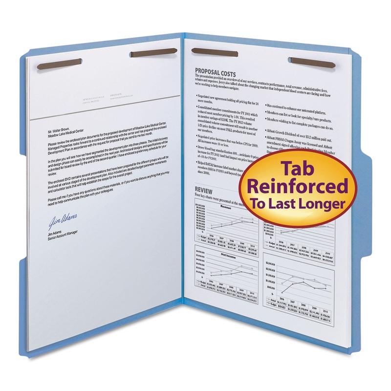 WATERSHED/CUTLESS REINFORCED TOP TAB 2-FASTENER FOLDERS, 1/3-CUT TABS, LETTER SIZE, BLUE, 50/BOX