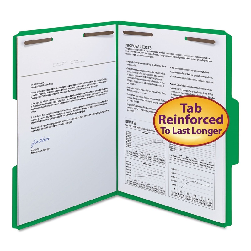WATERSHED/CUTLESS REINFORCED TOP TAB 2-FASTENER FOLDERS, 1/3-CUT TABS, LETTER SIZE, GREEN, 50/BOX