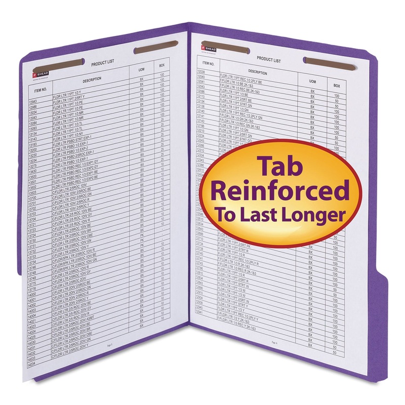 WATERSHED/CUTLESS REINFORCED TOP TAB 2-FASTENER FOLDERS, 1/3-CUT TABS, LETTER SIZE, PURPLE, 50/BOX