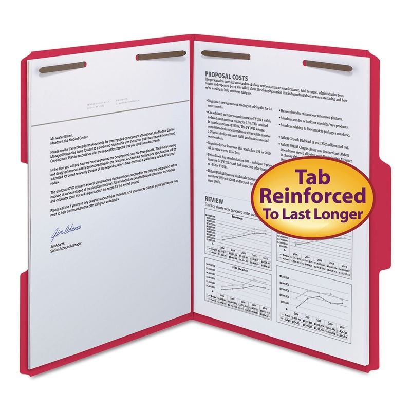 WATERSHED/CUTLESS REINFORCED TOP TAB 2-FASTENER FOLDERS, 1/3-CUT TABS, LETTER SIZE, RED, 50/BOX