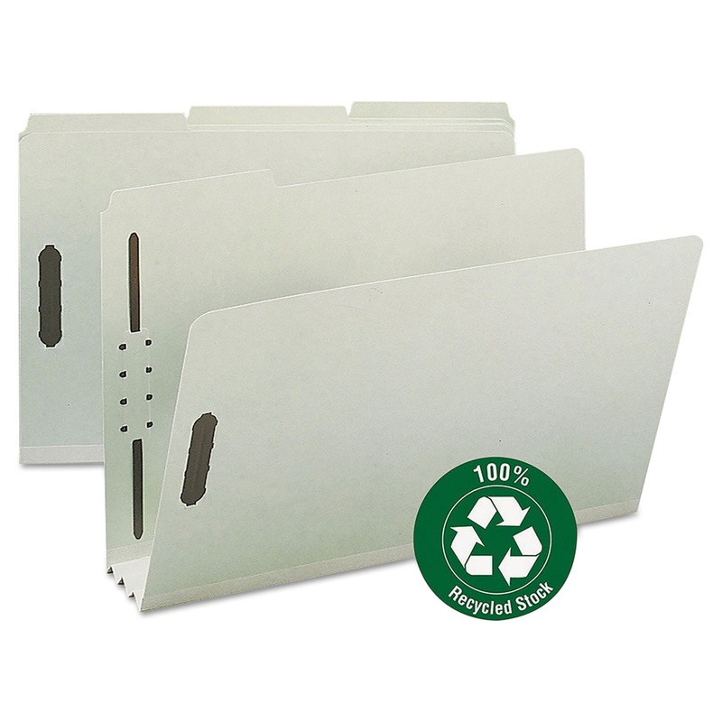 100% RECYCLED PRESSBOARD FASTENER FOLDERS, LEGAL SIZE, GRAY-GREEN, 25/BOX