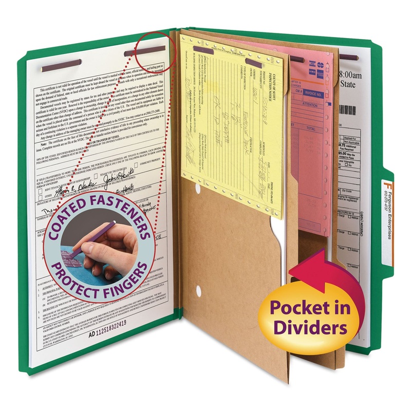 6-SECTION PRESSBOARD TOP TAB POCKET-STYLE CLASSIFICATION FOLDERS WITH SAFESHIELD FASTENERS, 2 DIVIDERS, LEGAL, GREEN, 10/BX