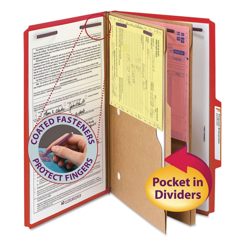 6-SECTION PRESSBOARD TOP TAB POCKET-STYLE CLASSIFICATION FOLDERS WITH SAFESHIELD FASTENERS, 2 DIVIDERS, LEGAL, RED, 10/BX