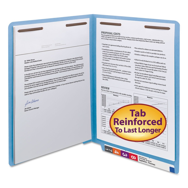 WATERSHED/CUTLESS END TAB 2-FASTENER FOLDERS, STRAIGHT TAB, LETTER SIZE, BLUE, 50/BOX