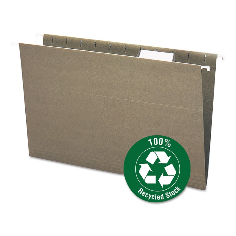100% RECYCLED HANGING FILE FOLDERS, LEGAL SIZE, 1/5-CUT TAB, STANDARD GREEN, 25/BOX