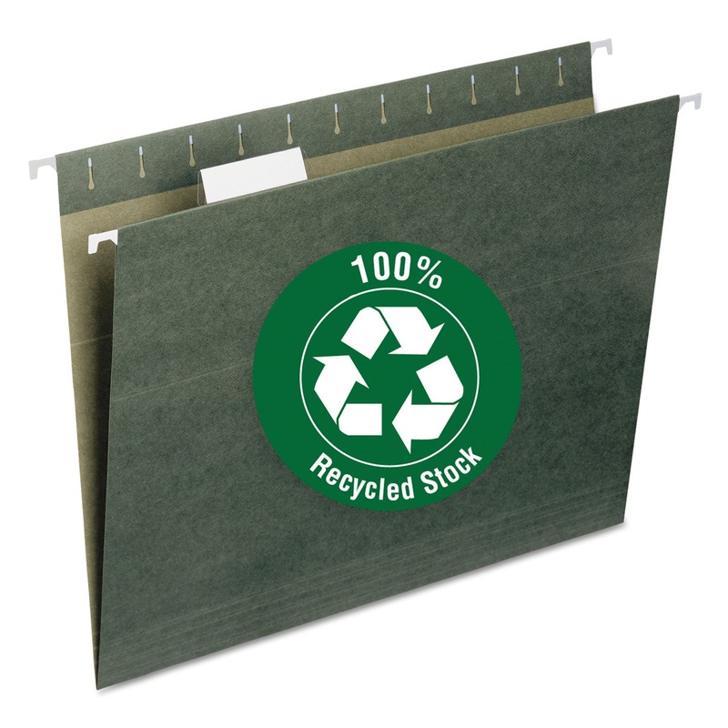 100% RECYCLED HANGING FILE FOLDERS, LETTER SIZE, 1/5-CUT TAB, STANDARD GREEN, 25/BOX