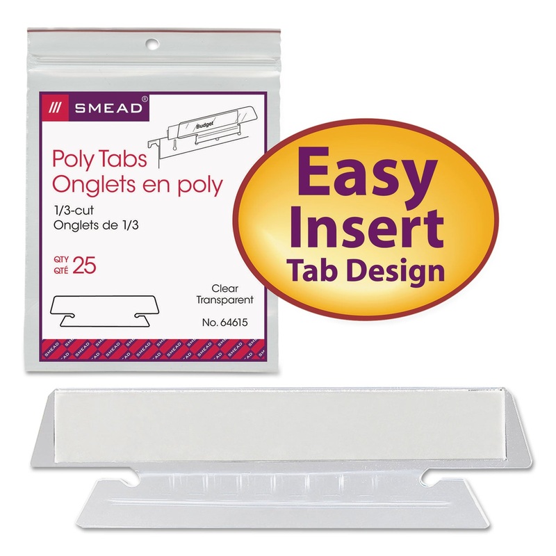 POLY INDEX TABS AND INSERTS FOR HANGING FILE FOLDERS, 1/3-CUT TABS, WHITE/CLEAR, 3.5" WIDE, 25/PACK