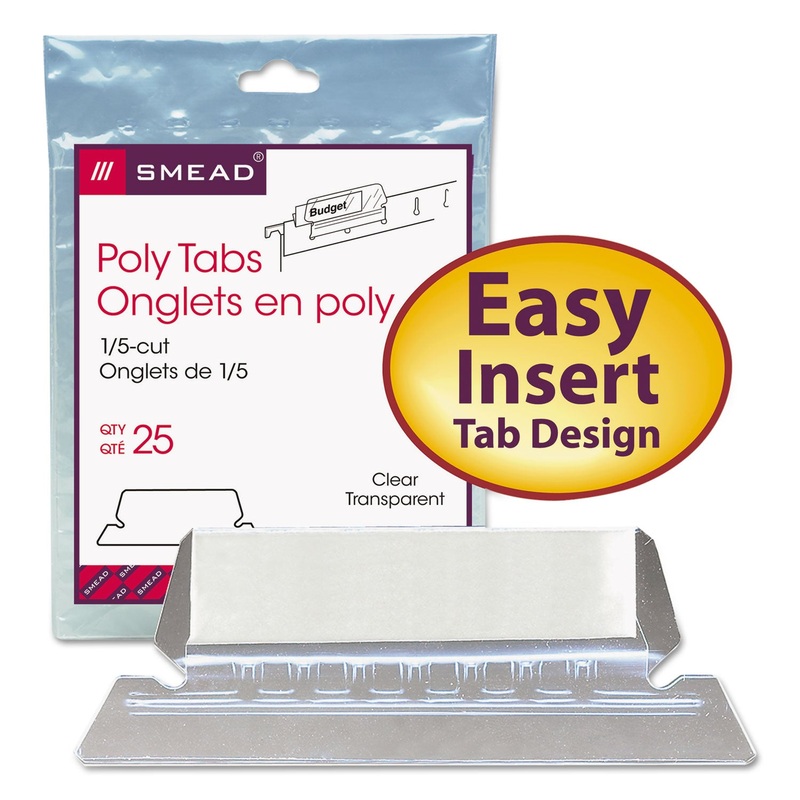 POLY INDEX TABS AND INSERTS FOR HANGING FILE FOLDERS, 1/5-CUT TABS, WHITE/CLEAR, 2.25" WIDE, 25/PACK