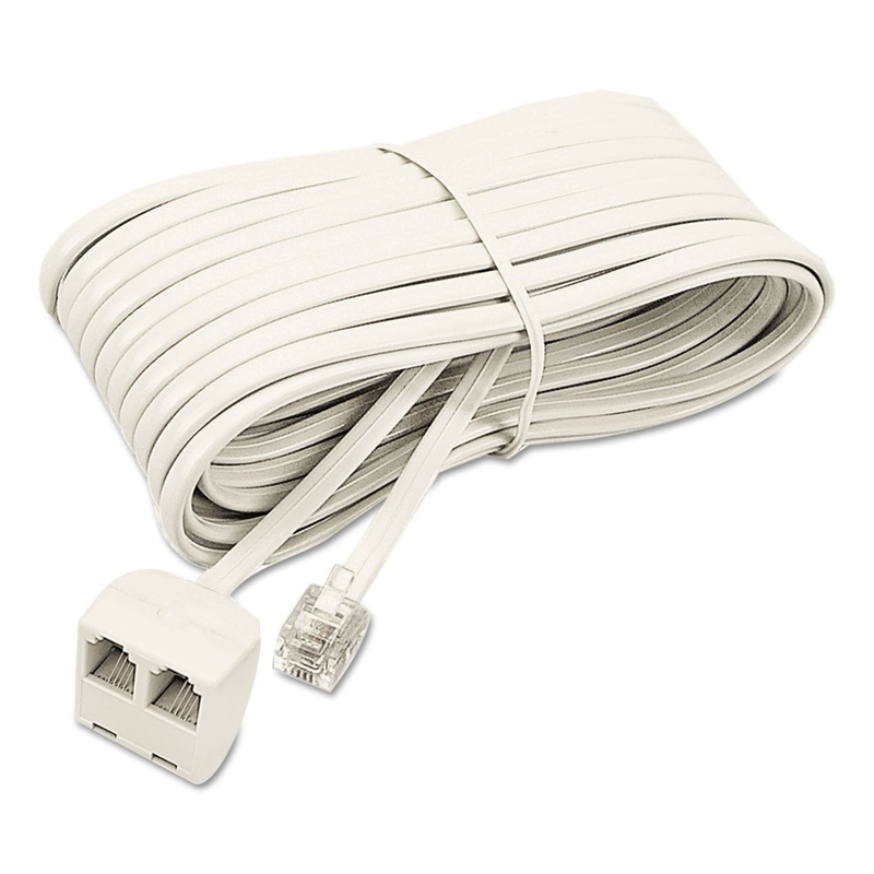 Telephone Extension Cord, Plug/dual Jack, 25 Ft., Almond
