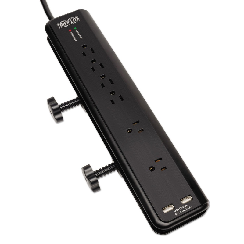 PROTECT IT! CLAMP-MOUNT SURGE PROTECTOR, 6 OUTLETS/2 USB, 6 FT. CORD, 2100 J