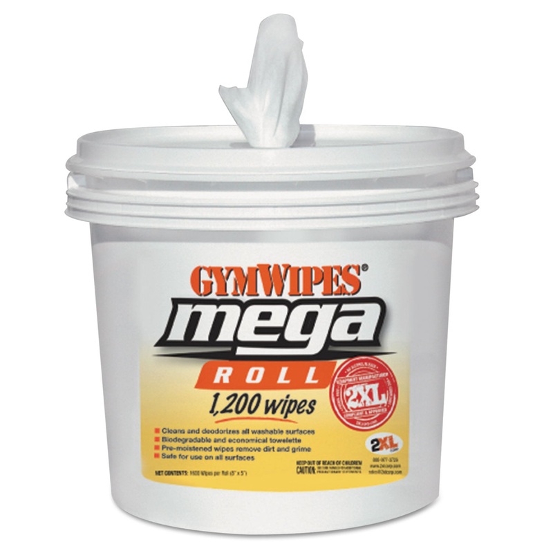 Gym Wipes Mega Roll, 8 X 8, White, 1200 Wipes/bucket, 2 Buckets/carton